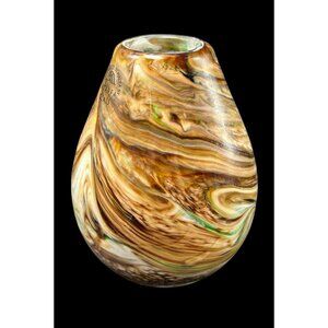Vtg 5" Mtarfa Bud Vase Encased Earthtone Gold Brown Beige w Green Veins Swirl